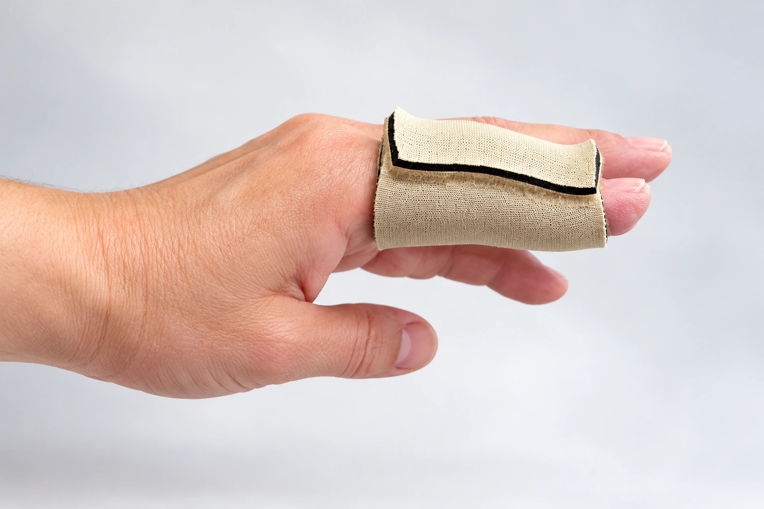 Orthèse dynamique souple en néoprène beige portée sur un doigt, réalisée sur mesure au Centre Orthèse Main Poignet